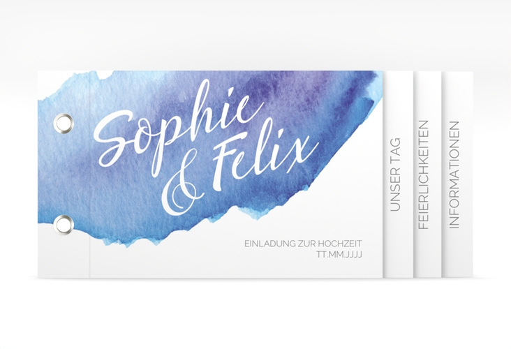 Hochzeitseinladung Aquarella Booklet blau hochglanz