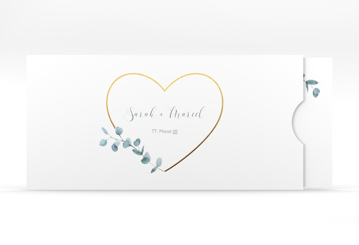 Hochzeitseinladung Greenheart Einsteckkarte gold mit elegantem Herz und Eukalyptus-Zweig