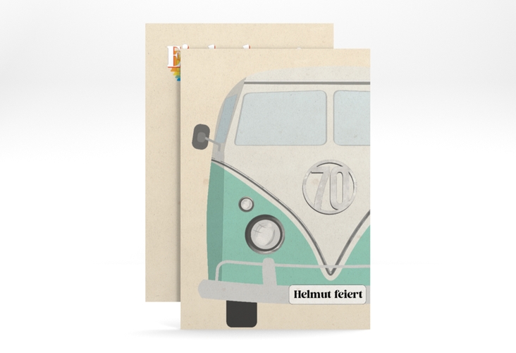 Einladung 70. Geburtstag Retrobus A6 Karte hoch hochglanz