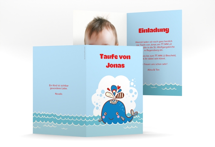 Einladungskarte Taufe Wal A6 Klappkarte hoch hochglanz mit lustigem Walfisch mit Wasserfontäne