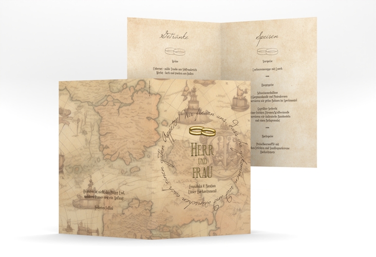 Menükarte Hochzeit Zwei Ringe A5 Klappkarte hoch beige mit Eheringen und Fantasy-Landkarte