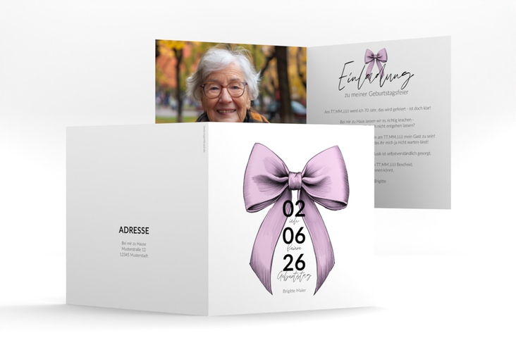 Einladung 70. Geburtstag Geburtstagsschleife quadr. Klappkarte rosa