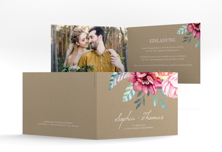 Hochzeitseinladung Blooming A6 Klappkarte quer Kraftpapier