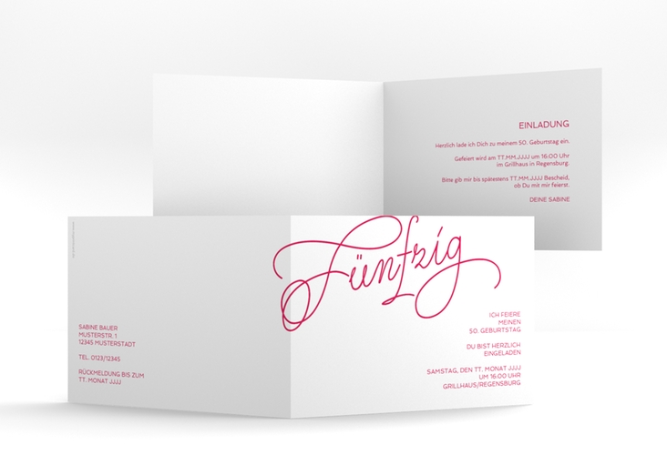 Einladung 50. Geburtstag Schwungvoll A6 Klappkarte quer pink