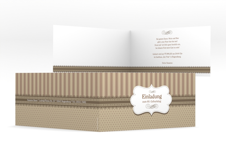 Einladung 60. Geburtstag Heinrich/Henriette lange Klappkarte quer braun mit frechen Polka Dots