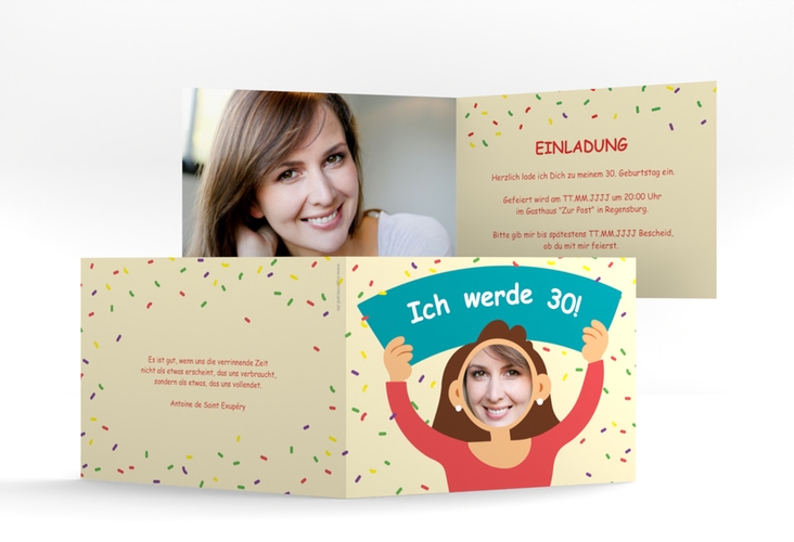 Einladung 30. Geburtstag Comic Woman A6 Klappkarte quer beige