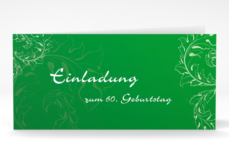 Einladung 60. Geburtstag Peter/Petra lange Klappkarte quer gruen hochglanz