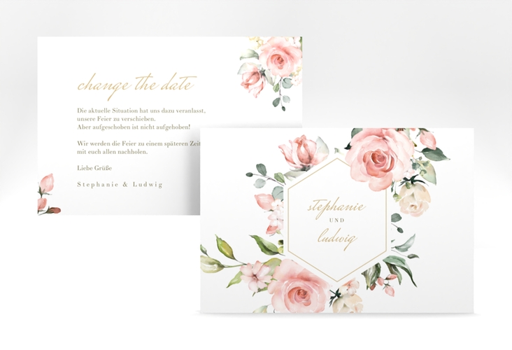Change the Date-Karte Graceful A6 Karte quer weiss mit Rosenblüten in Rosa und Weiß