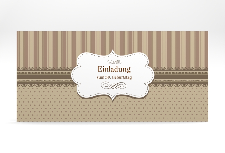 Einladung 50. Geburtstag Heinrich/Henriette lange Karte quer braun mit frechen Polka Dots