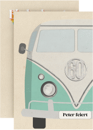 Einladung 60. Geburtstag Retrobus A6 Karte hoch bunt