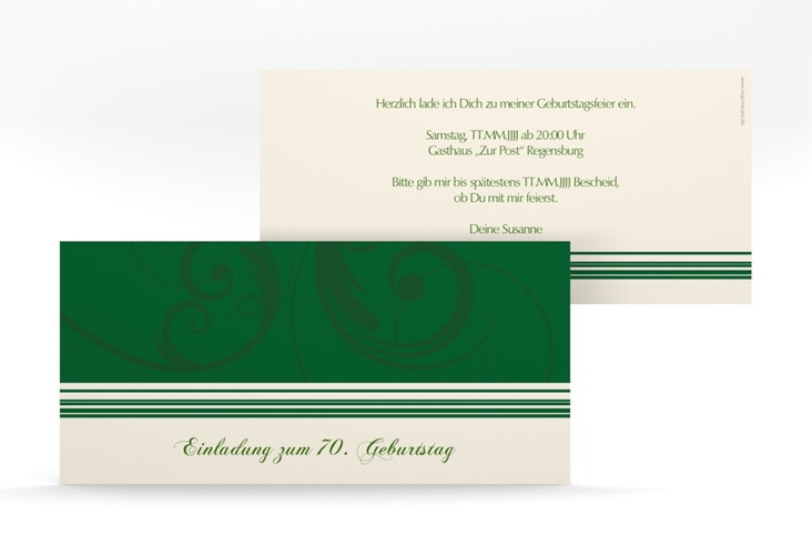 Einladung 70. Geburtstag Katharina lange Karte quer gruen hochglanz