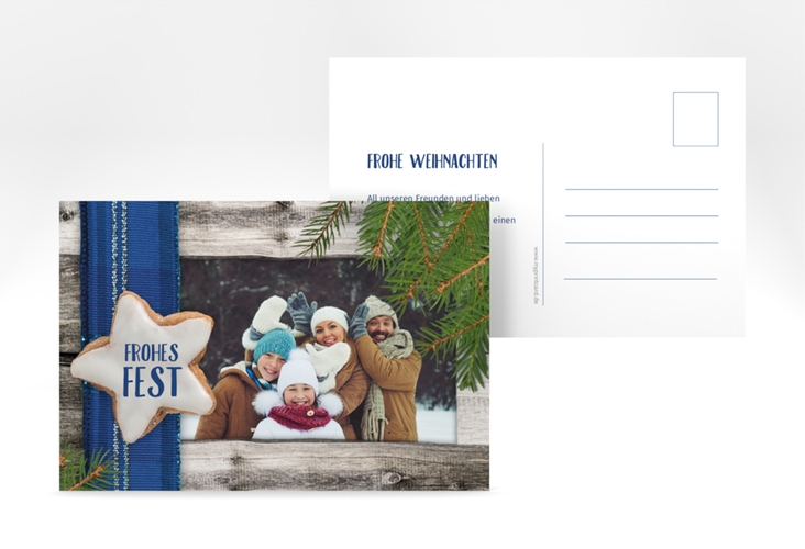 Weihnachtskarte Zimtstern A6 Postkarte blau in rustikaler Holz-Optik mit Foto