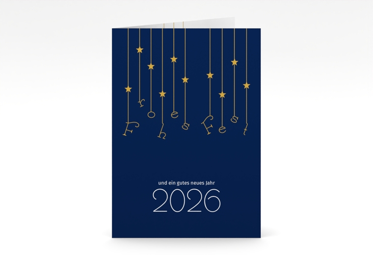Geschäftliche Weihnachtskarte Windspiel A6 Klappkarte hoch hochglanz schlicht mit Sternchen-Girlande und Jahreszahl