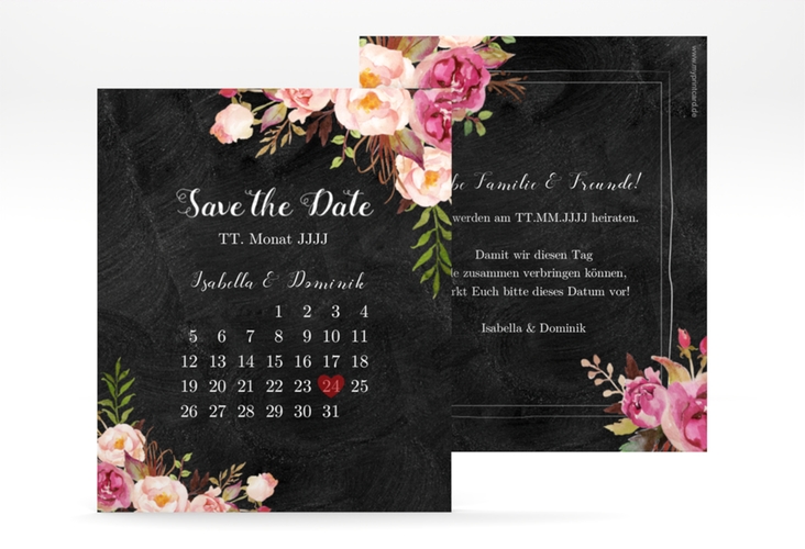 Save the Date-Kalenderblatt Flowers Kalenderblatt-Karte schwarz hochglanz mit bunten Aquarell-Blumen