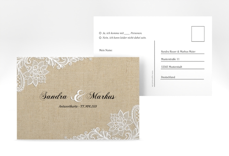 Antwortkarte Hochzeit Lace A6 Postkarte beige in Leinen-Optik mit weißer Spitze