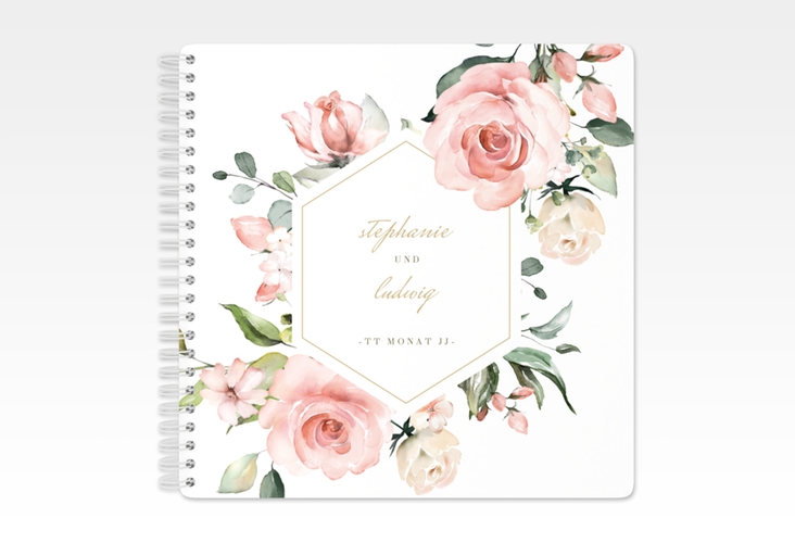 Gästebuch Hochzeit Graceful Ringbindung weiss mit Rosenblüten in Rosa und Weiß
