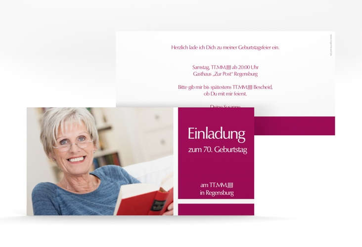 Einladung 70. Geburtstag Gerd/Gerda lange Karte quer pink hochglanz mit Foto