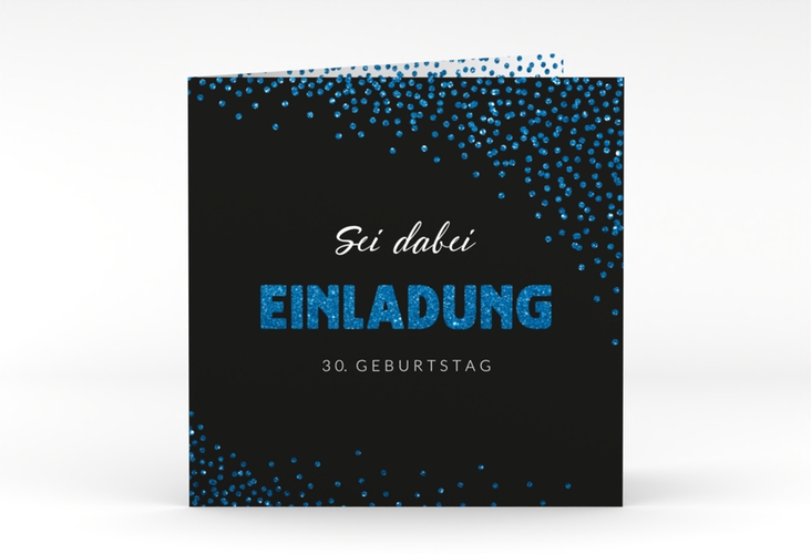 Einladung Geburtstag Glitzer quadr. Klappkarte blau