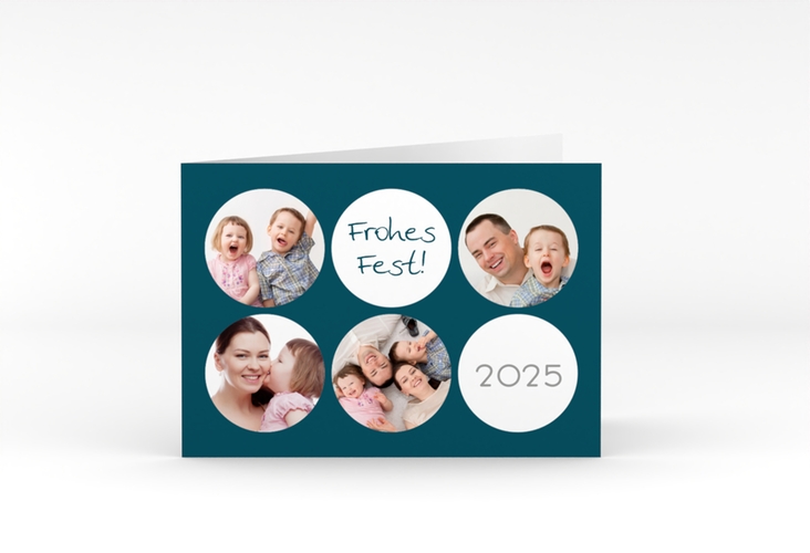 Weihnachtskarte Joy A6 Klappkarte quer blau mit runden Fotos