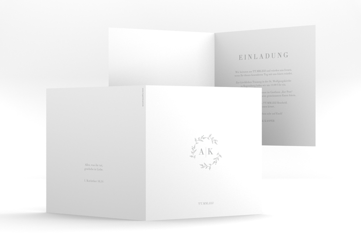 Hochzeitseinladung Filigrana quadr. Klappkarte grau in reduziertem Design mit Initialen und zartem Blätterkranz