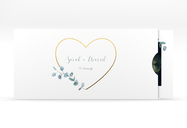 Hochzeitseinladung Greenheart Einsteckkarte gold mit elegantem Herz und Eukalyptus-Zweig