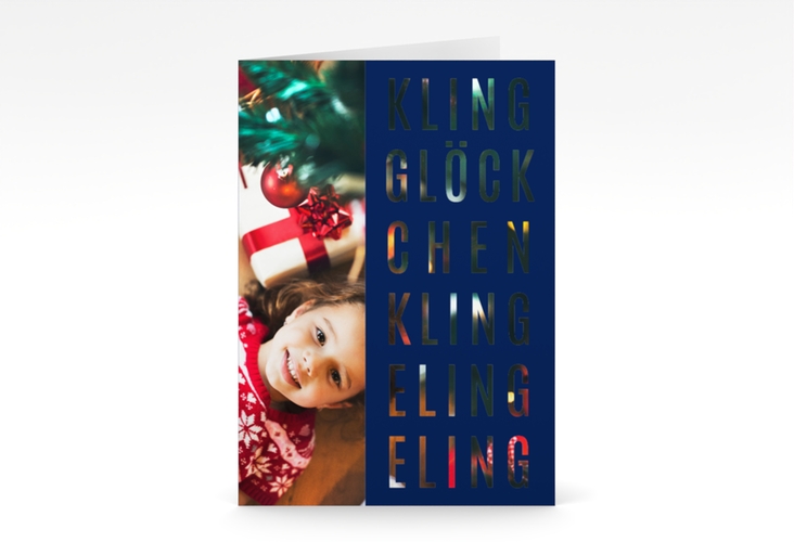 Weihnachtskarte Klingeling A6 Klappkarte hoch blau hochglanz