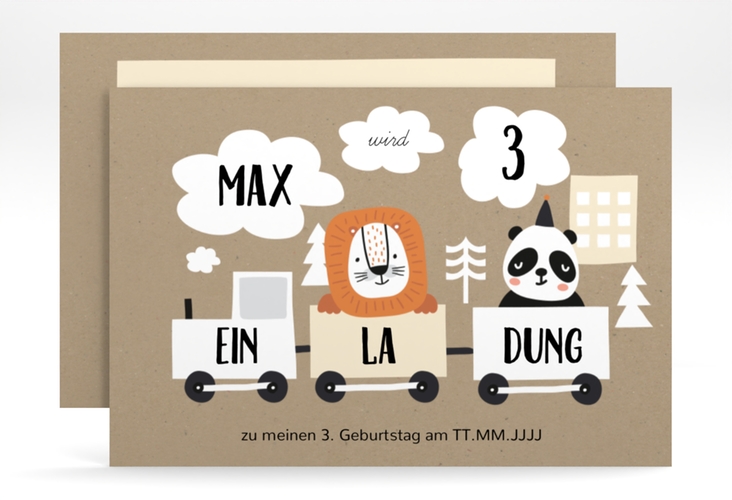 Einladungskarte Kindergeburtstag Zug A6 Karte quer mit Lokomotive und Tieren
