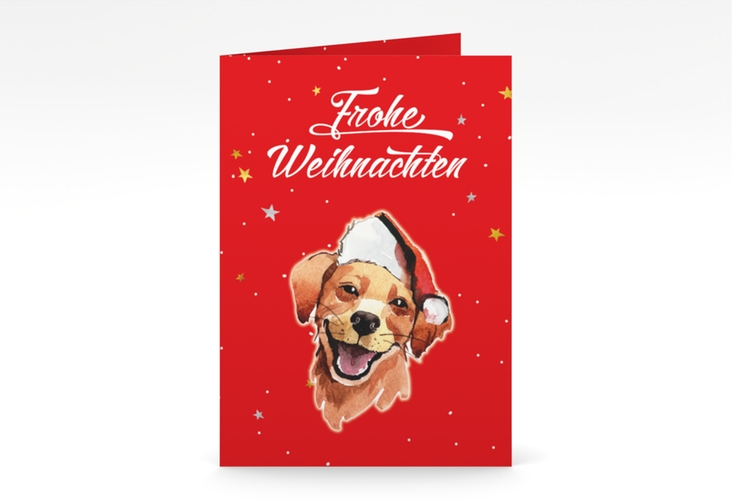 Weihnachtskarte Frosty A6 Klappkarte hoch rot hochglanz mit Hund mit Nikolausmütze