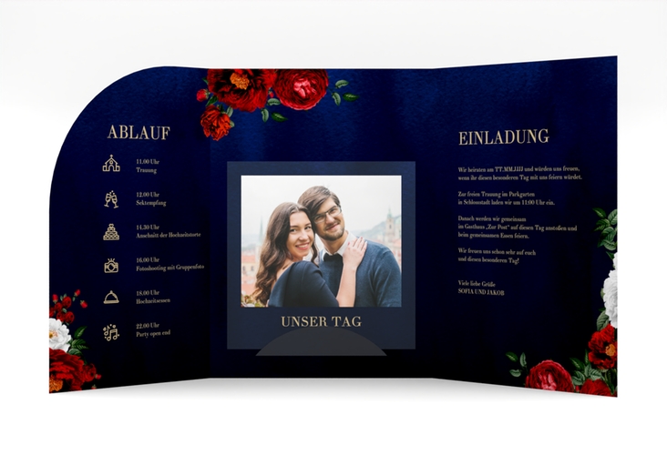 Hochzeitseinladung Florista mittlere Bogen-Wickelfalzkarte blau