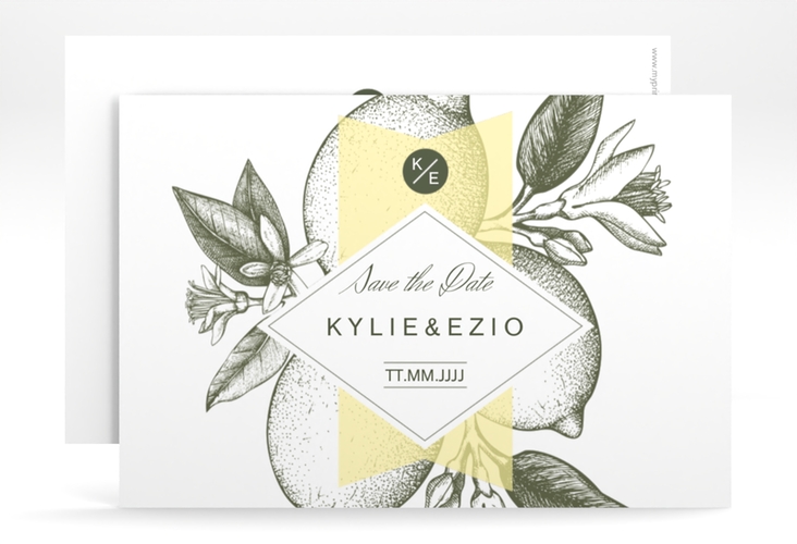 Save the Date-Karte Hochzeit Lemon A6 Karte quer mit mediterranem Zitronen-Kupferstich