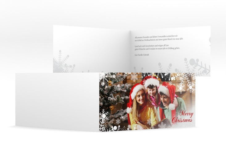 Weihnachtskarte Heiligabend lange Klappkarte quer weiss hochglanz mit Foto und Schneeflocken-Dekor