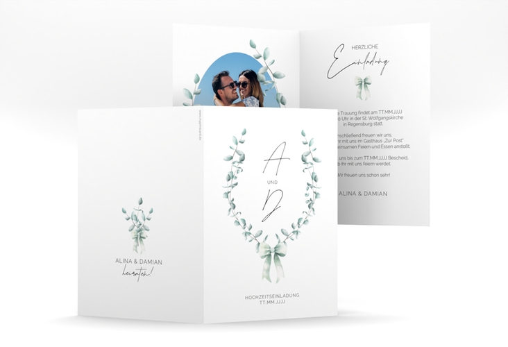 Einladungskarte Hochzeit Eucalypt Bow A6 Klappkarte hoch gruen hochglanz