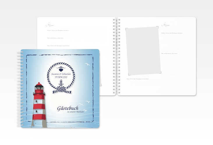 Gästebuch Hochzeit Sylt Ringbindung blau mit Leuchtturm