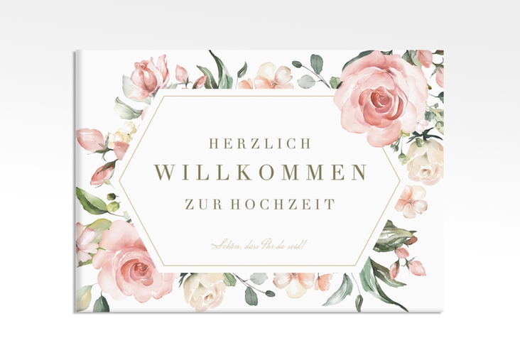 Willkommensschild Leinwand Graceful 70 x 50 cm Leinwand weiss mit Rosenblüten in Rosa und Weiß