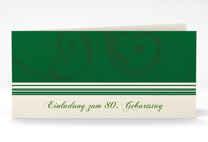 Einladung 80. Geburtstag Katharina lange Klappkarte quer gruen hochglanz