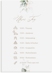 Klick: Details zu Tagesablauf Leinwand Hochzeit "Selvatica" anzeigen Tagesablauf Leinwand Hochzeit Selvatica 50 x 70 cm Leinwand weiss mit Eukalyptus-Kranz