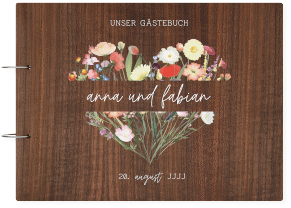 Gästebuch Holzcover Nussbaum Wildblumenherz Holz-Cover, bedruckt bunt