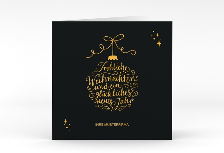 Geschäftliche Weihnachtskarte Lichterglanz quadr. Klappkarte schwarz mit Weihnachtskugel-Kalligrafie