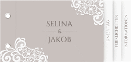 Klick: Details zu Hochzeitseinladung "Vintage" anzeigen Hochzeitseinladung Vintage Booklet grau mit floraler Spitze