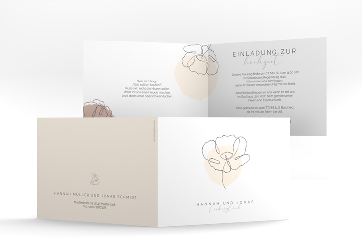 Hochzeitseinladung Flowerline A6 Klappkarte quer apricot