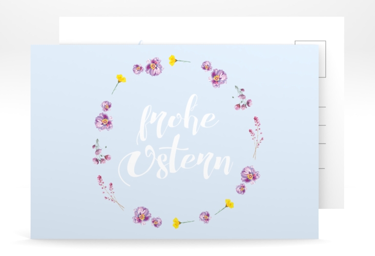 Osterkarte Fiorellino A6 Postkarte blau hochglanz Pastell mit Blumenkranz