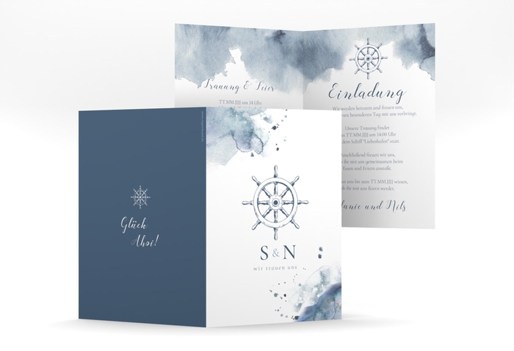 Einladungskarte Hochzeit Steuerrad A6 Klappkarte hoch in maritimen Blautönen