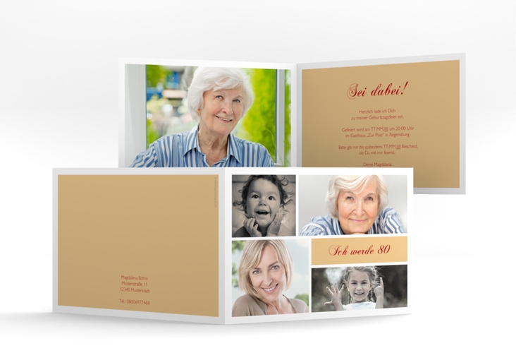 Einladung 80. Geburtstag Bilderserie A6 Klappkarte quer beige mit mehreren Fotos