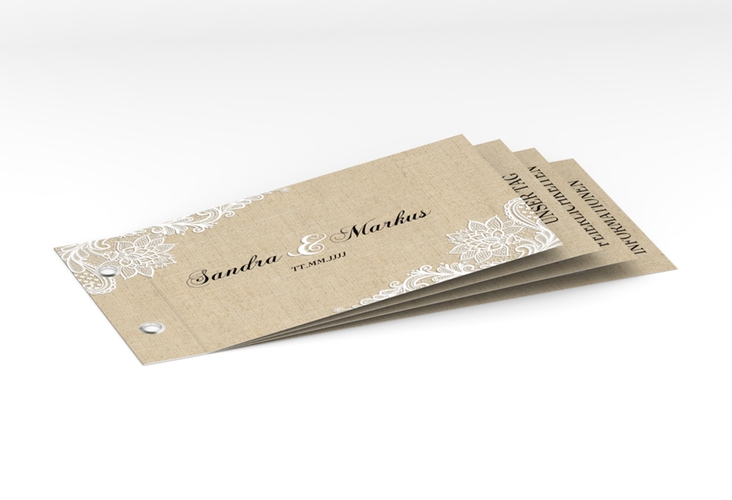 Hochzeitseinladung Lace Booklet beige in Leinen-Optik mit weißer Spitze