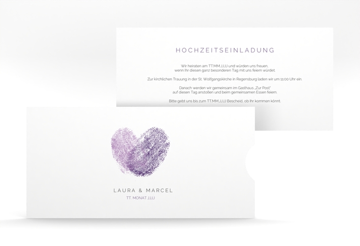 Hochzeitseinladung Fingerprint Einsteckkarte lila schlicht mit Fingerabdruck-Motiv