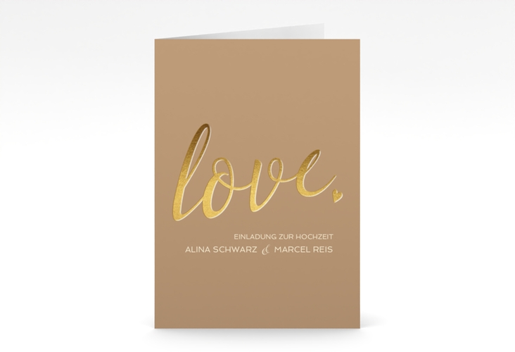 Einladungskarte Hochzeit Glam A6 Klappkarte hoch beige hochglanz