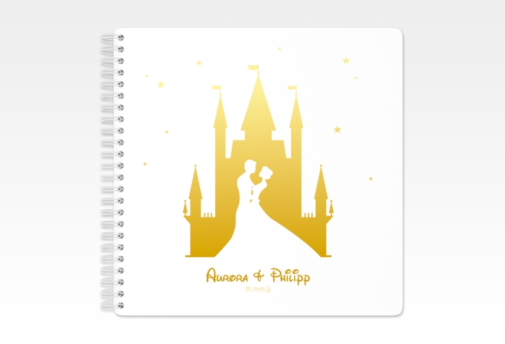 Gästebuch Hochzeit Castle Ringbindung gold mit Silhouette von Märchenschloss mit Prinz und Prinzessin