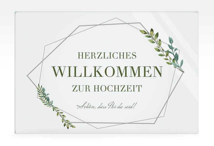 Willkommensschild Acryl Herbarium 60 x 40 cm Acryl grau mit geometrischem Rahmen und Blätter-Dekor