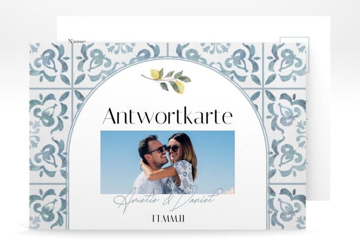 Antwortkarte Hochzeit Azulejo A6 Postkarte mit mediterranem Azulejo-Muster und Zitronen