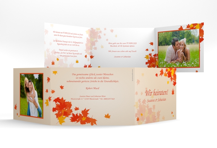 Hochzeitseinladung Zwiesel A6 Doppel-Klappkarte mit bunten Blättern für Herbsthochzeit